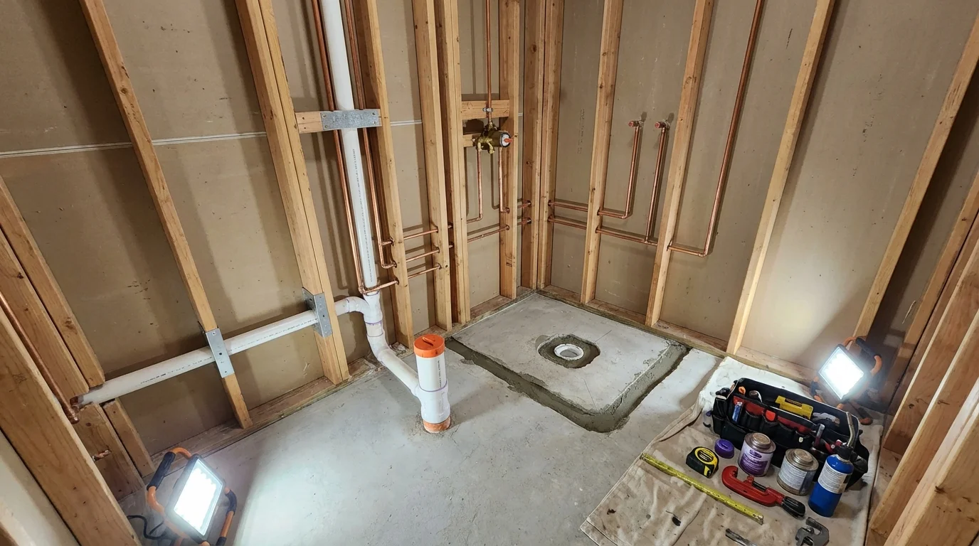 Bathroom rough-in plumbing during remodel by Johns Plumbing LLC in Luzerne