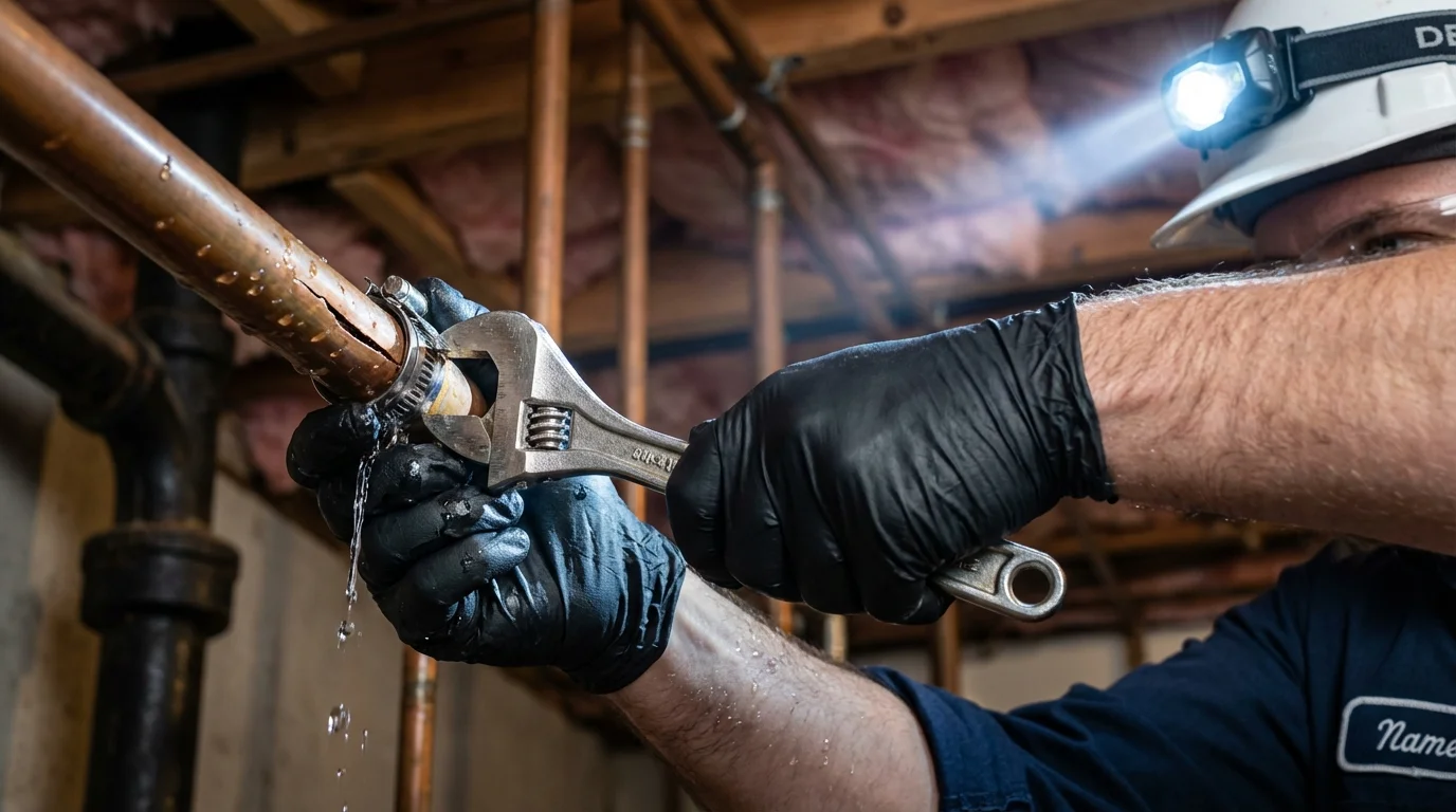 Emergency pipe clamp repair being performed by a Johns Plumbing LLC plumber in Luzerne